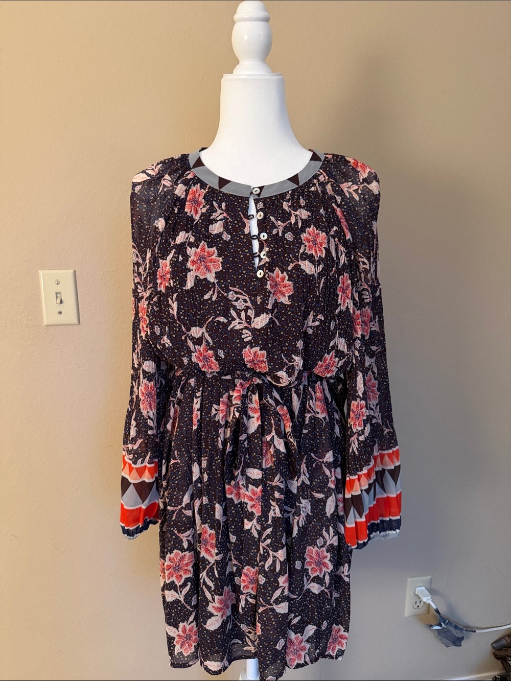 DR2 Brown Floral Long-Sleeve Button Front Dress with Pink Accents